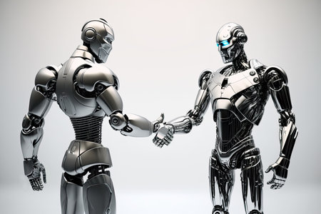 Two robots of different generations have met and are shaking hands with each other. Generative AI.の素材