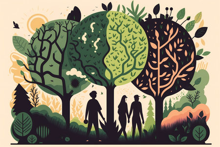 World Environment Day. Conceptual image of a park and people walking created with Generative AI technology.の素材