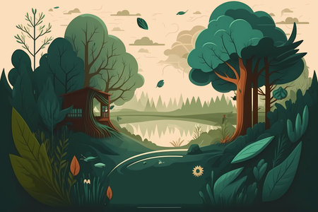 Green plants and natural pond. The concept of nature conservation. Generative AI.の素材