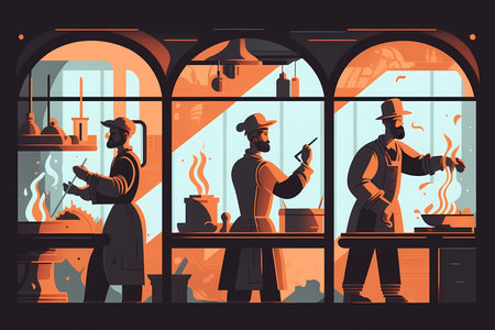 Vintage image of a glass workshop and working glassblowers. Conceptual image created with Generative AI technology.の素材