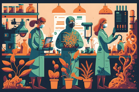 Work in a biological laboratory. An illustration created with generative AI technology.の素材