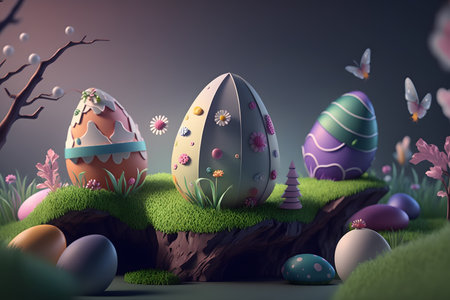 Decorative Easter background with eggs, green grass and plant branchesの素材