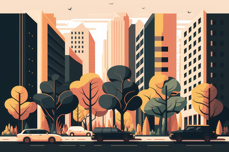 Modern city - street view, buildings, cars and treesの素材