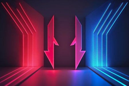 Abstract neon background. Glowing pink, blue and red stripes created with Generative AI technology.の素材