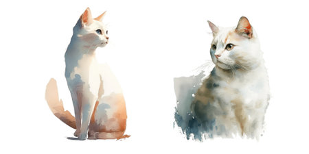 White cat. The fluffy pet sits and looks attentively. Watercolor clipart in pastel colors isolated on white.の素材