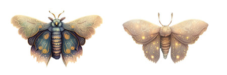 Mystical moths. Magical pets of the good witch. Space butterflies for fantasy illustrations. Watercolor clipart in pastel colors isolated on white.の素材