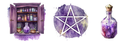 Magic items of the Dark Witch. Pentagram, cabinet with magic potions and magic potion. Lilac purple watercolor clipart isolated on white.の素材