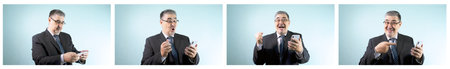 Businessman celebrating with phone. He looks at the screen and rejoices. Winning the lottery, receiving dividends, unexpected cash. Set of 4 images.の写真素材