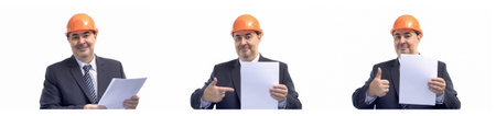 A construction engineer in a hard hat is smiling broadly while holding a blank sheet of paper....