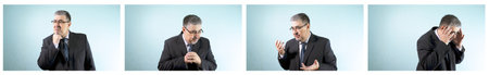 A businessman man doubts. He worries and cannot choose the right decision. Set of 4 images.の写真素材