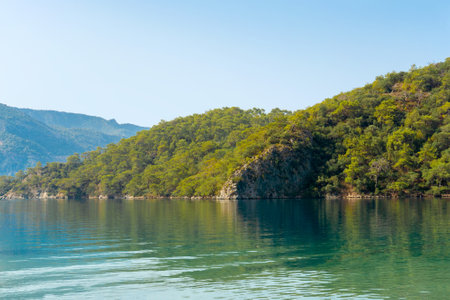 Calm waters of the blue lagoon under a clear sky on a summer day. The perfect place for a summer holiday.の写真素材
