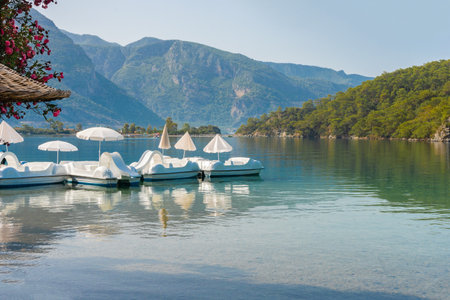 Calm waters of the blue lagoon under a clear sky on a summer day.の写真素材