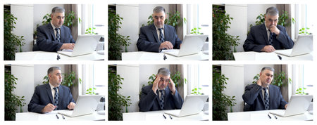 Businessman in different poses at his desk in the office. Set of images.の写真素材