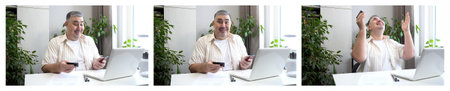 A man is entering credit card details into his smartphone and celebrating unexpected luck. Set of...