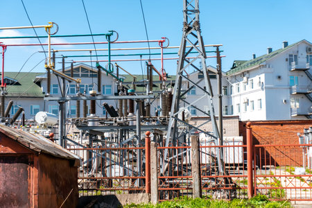 Distribution transformer substation of the power transmission line. City power supply. Step-down...