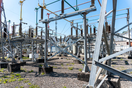 Distribution transformer substation of the power transmission line. City power supply. Step-down...