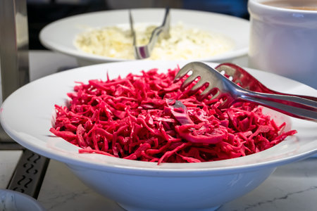 Cabbage salad with beetroot. Close-up. Healthy food for weight loss.の写真素材