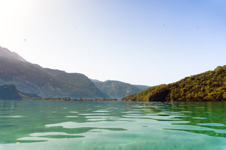 Calm waters of the blue lagoon under a clear sky on a summer day. The perfect place for a summer holiday.の写真素材