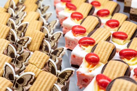 Savoyardi biscuit cakes decorated with chocolate cream and glazed nuts. Close-up. Restaurant menu. Selective focus.の写真素材