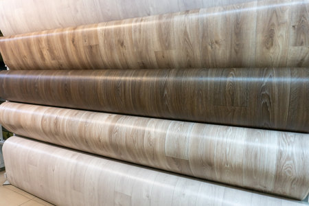 Linoleum for floor finishing. Modern floor covering. Different types of linoleum.の写真素材