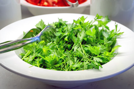 Fresh Parsley in a Large Bowl â Close-Up, Restaurant Menuの写真素材