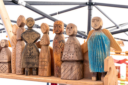 Traditional Russian Folk Toys. Wooden Horses and Human Figurines.の写真素材