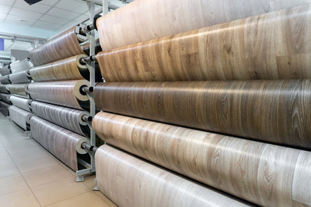 Linoleum for floor finishing. Modern floor covering. Different types of linoleum.の写真素材
