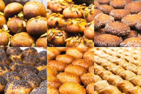 A collage of traditional Eastern sweets, including oatmeal cookies, barfi, and baklava in honey syrupの写真素材