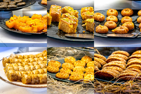 A collage of traditional Eastern sweets, including oatmeal cookies, barfi, and baklava in honey syrupの写真素材