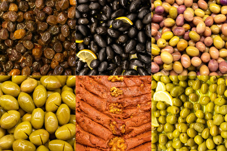 A collage of various types of salted and marinated olives. Mediterranean cuisine, restaurant menu concept.の写真素材