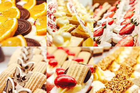 A collage of various pastries and traditional Eastern sweets from Turkish cuisine. Restaurant menu concept.の写真素材
