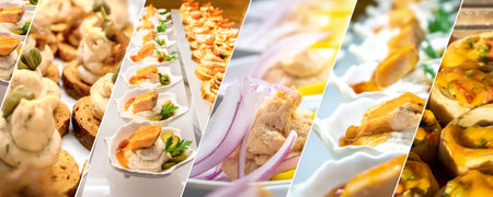 A collage of cold seafood appetizers. A restaurant menu with Mediterranean-style dishes.の写真素材