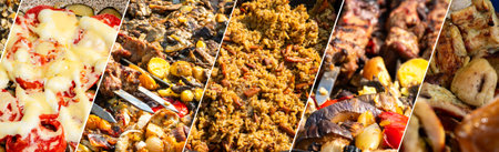 A collage of various main dishes, including grilled meat skewers, stewed bell peppers. Restaurant menu concept.の写真素材
