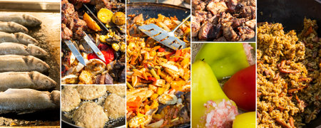 A collage of cooked dishes, including fried fish, cutlets, kebab, stewed peppers, pilaf, and stewed vegetablesの写真素材
