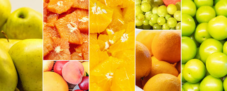 Collage of fresh fruits including grapes, oranges, apples, peaches, plums, and watermelon. Different types of fruits displayed in close-up shots.の写真素材