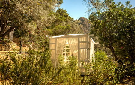 A stylish beach cabana with light fabric drapes and soft seating is surrounded by lush green trees under bright summer sunlight. The setting is part of a tropical resort on the coast.の写真素材