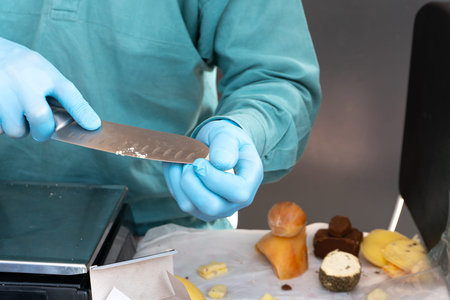 Cheese tasting at farmers market. The seller cuts off small pieces of cheese for the customer to...