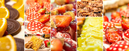 A collage of various pastries and traditional Eastern sweets from Turkish cuisine. Restaurant menu...