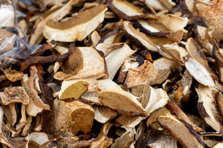 Sliced and dried mushrooms in close-up