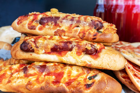 A close-up of toasted bread with sausage, topped with tomato sauce. The freshly baked dish has a...