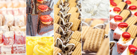 A collage of various pastries and traditional Eastern sweets from Turkish cuisine. Restaurant menu...