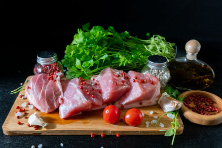 Large raw meat pieces on a cutting board with tomatoes, parsley, garlic, salt shaker, oil bottle, and peppercorns on black background, side view.の写真素材