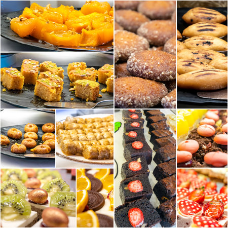 A collage of traditional Eastern sweets, including oatmeal cookies, and baklava in honey syrupの写真素材