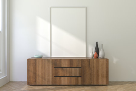 3D render of a white A4 picture frame on a light wall in a minimal interior - a mockup for artwork or poster designの写真素材