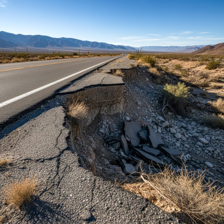 The road shoulder is cracked and damaged, showing fissures and uneven asphalt along the edge of the pavementの素材