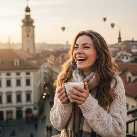 A girl drinks coffee on a rooftop in Paris and smiles broadly. She sits outdoors with city buildings visible in the background.の素材