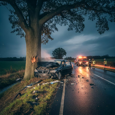 A car crashed into a tree overnight. Rescuers arrived at the scene. Debris was scattered across the wet road.の素材