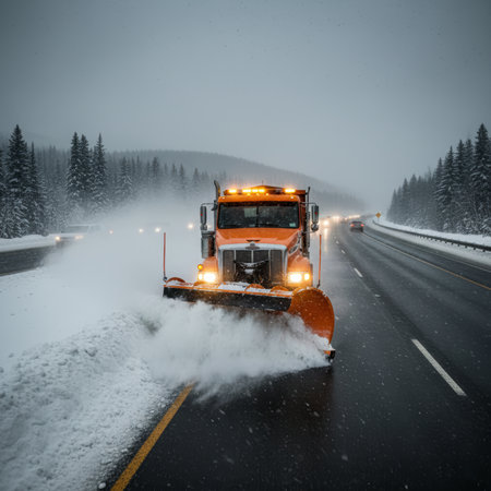 Snowplow truck clears snow from a highway, pushing fresh snow to the side of the roadの素材