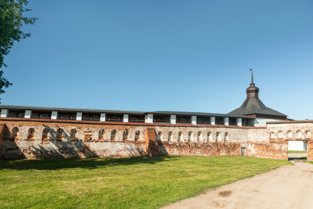 Medieval fortification walls of Kirillo-Belozersky Monastery, historic Orthodox architecture, Russia, cultural heritage site and tourist attraction.の写真素材