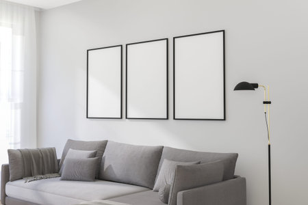 Set of three thin vertical frame mockup hanging on a light wall in a modern interior. 3d render.
